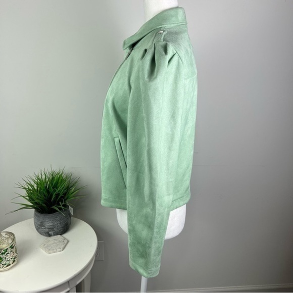 LC Lauren Conrad Moto Jacket womens size medium green zip up puff sleeve - Picture 6 of 12